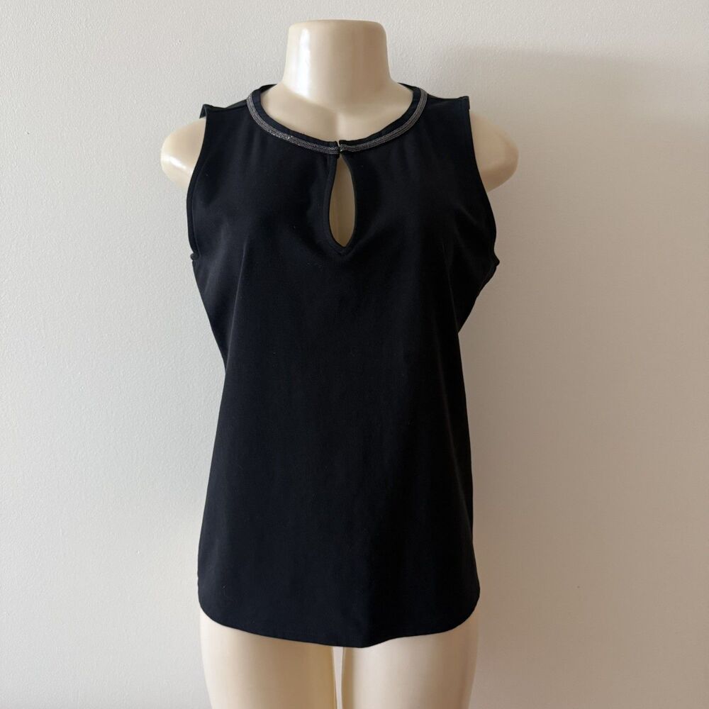 WHBM Black Sleeveless Halter Blouse Keyhole Neck Metal Detail Size Medium.
